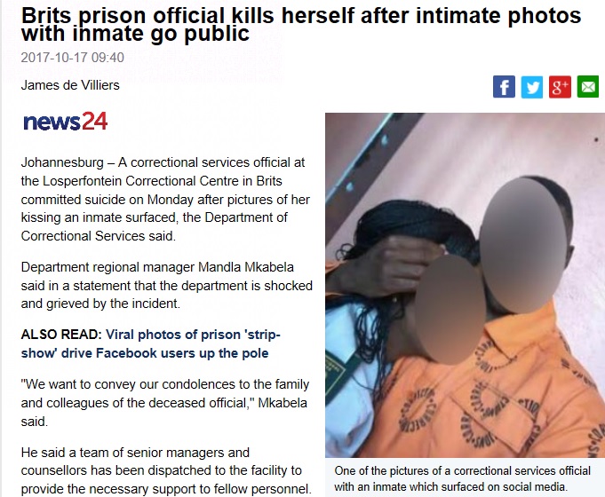 自殺した女性看守（左）（画像は『News24　2017年10月17日付「Brits prison official kills herself after intimate photos with inmate go public」』のスクリーンショット）