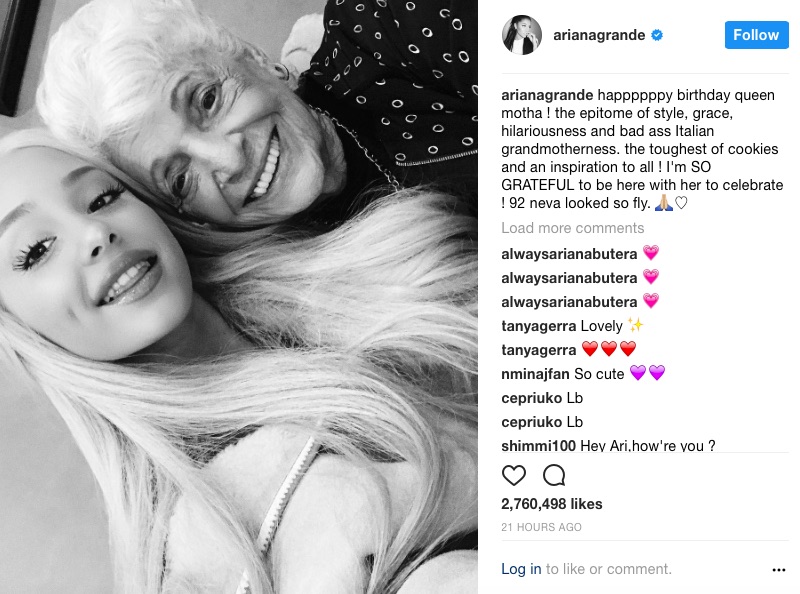 アリアナ、92歳になった祖母と（画像は『Ariana Grande　2017年10月12日付Instagram「happppppy birthday queen motha！」』のスクリーンショット）