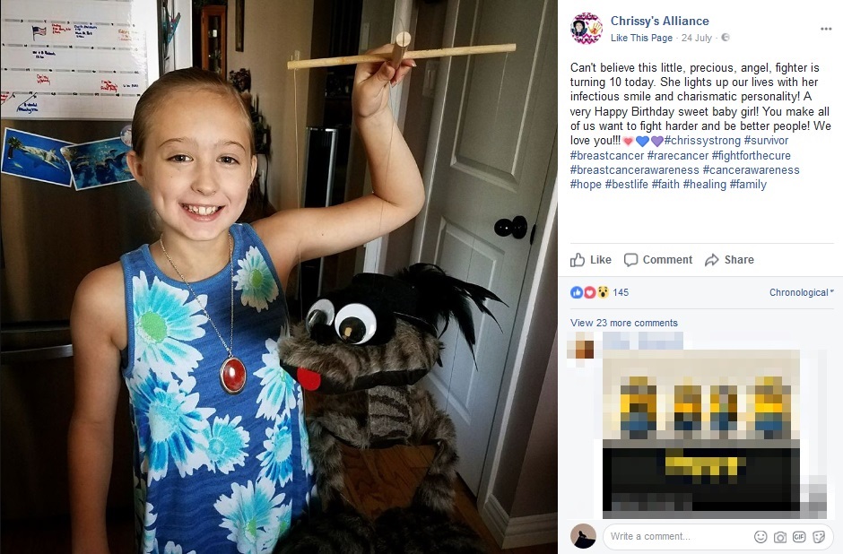 現在10歳になった少女、他のがん患者をインスパイア（画像は『Chrissy's Alliance　2017年7月24日付Facebook「Can't believe this little, precious, angel, fighter is turning 10 today.」』のスクリーンショット）