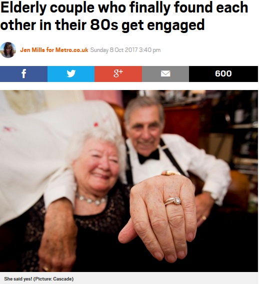 バスで知り合い交際に発展した80代カップル（画像は『Metro　2017年10月8日付「Elderly couple who finally found each other in their 80s get engaged」（Picture: Cascade）』のスクリーンショット）