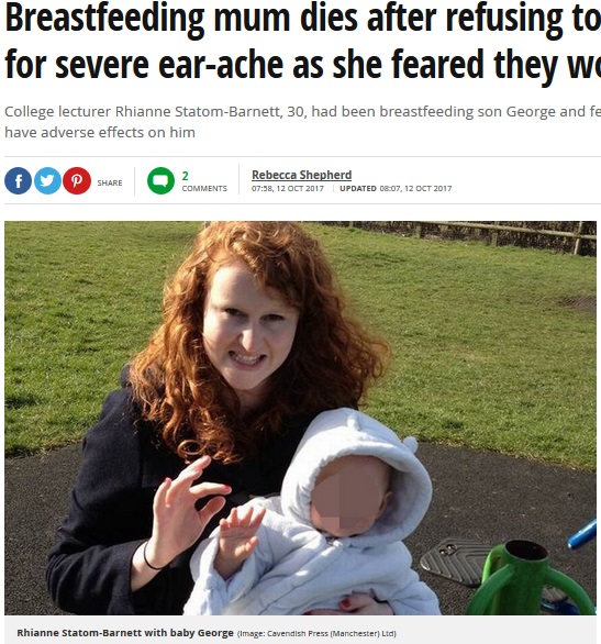 髄膜炎を引き起こし死亡した母親（画像は『Mirror　2017年10月12日付「Breastfeeding mum dies after refusing to take antibiotics for severe ear-ache as she feared they would harm baby」（Image: Cavendish Press （Manchester） Ltd）』のスクリーンショット）