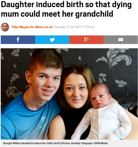 母のために18歳娘が2週間早く出産（画像は『Metro　2017年10月12日付「Daughter induced birth so that dying mum could meet her grandchild」（Picture: Grimsby Telegraph / BPM Media）』のスクリーンショット）