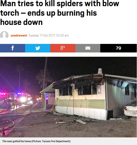 クモを退治しようとして自宅が火事に（画像は『Metro　2017年10月17日付「Man tries to kill spiders with blow torch – ends up burning his house down」（Picture: Tucson Fire Department）』のスクリーンショット）