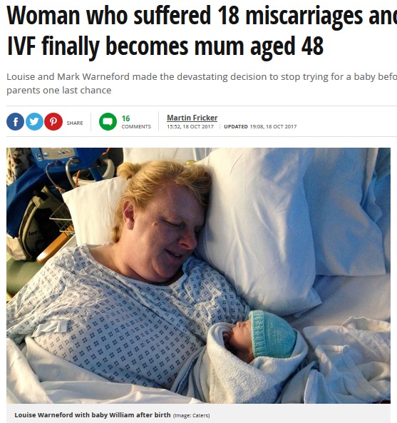 48歳で待望の第1子を出産した女性（画像は『Mirror　2017年10月18日付「Woman who suffered 18 miscarriages and spent ￡80k on IVF finally becomes mum aged 48」（Image: Caters）』のスクリーンショット）