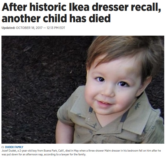 IKEAの家具転倒でまた死亡事故（画像は『Philly.com　2017年10月18日付「After historic Ikea dresser recall, another child has died」（DUDEK FAMILY）』のスクリーンショット）