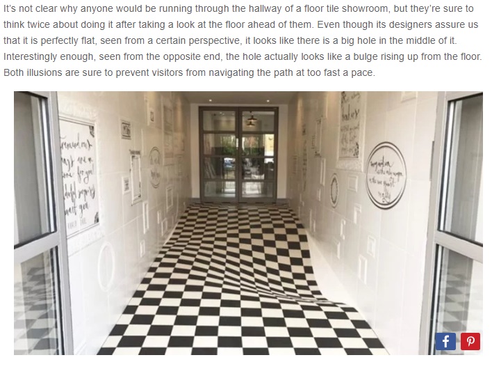 廊下のタイルを変えたら走る者が激減（画像は『Oddity Central　2017年10月12日付「Company Uses Optical Illusion Floor Tiles to Prevent People Running Through Its Hallway」』のスクリーンショット）