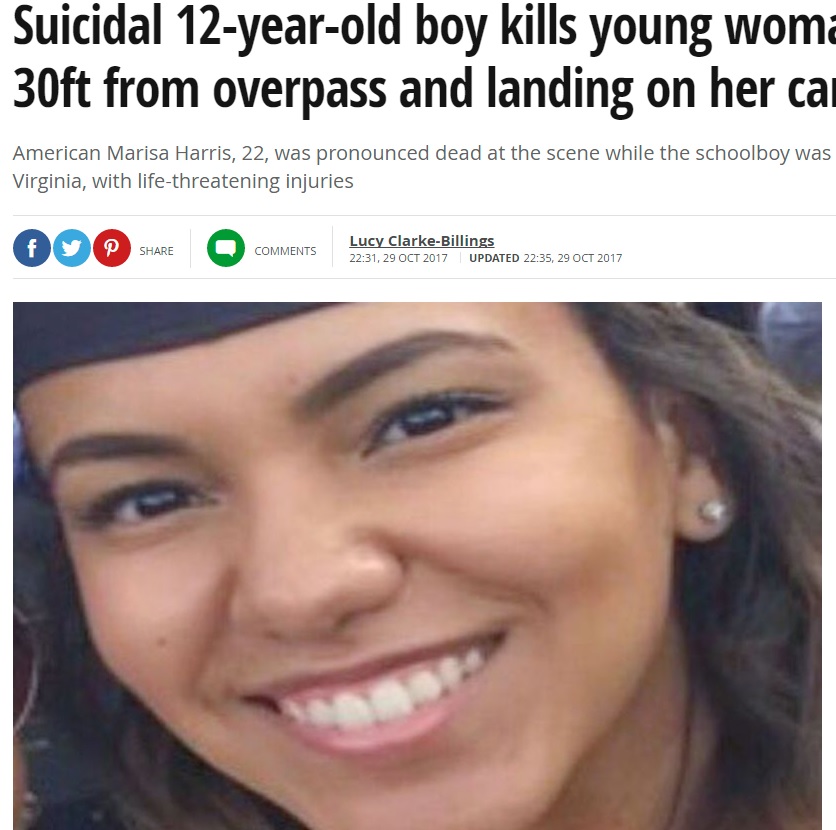 車を運転していた22歳女性（画像は『Mirror　2017年10月29日付「Suicidal 12-year-old boy kills young woman after jumping 30ft from overpass and landing on her car」』のスクリーンショット）