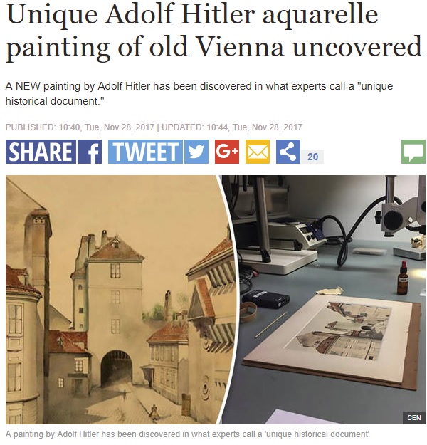ガラクタ同然の水彩画、ヒトラーが描いたものと判明（画像は『Express.co.uk　2017年11月28日付「Unique Adolf Hitler aquarelle painting of old Vienna uncovered」（CEN）』のスクリーンショット）