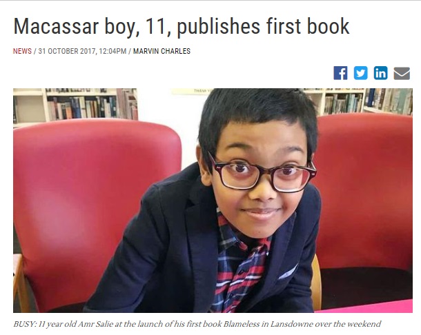 将来の夢は「作家兼会社社長」というアマル・サリー君（画像は『IOL　2017年10月31日付「Macassar boy, 11, publishes first book」』のスクリーンショット）