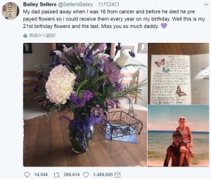 【海外発！Breaking News】亡き父から21歳になるまで誕生日に花束が届いた女性　愛する父への想いをツイート（米）