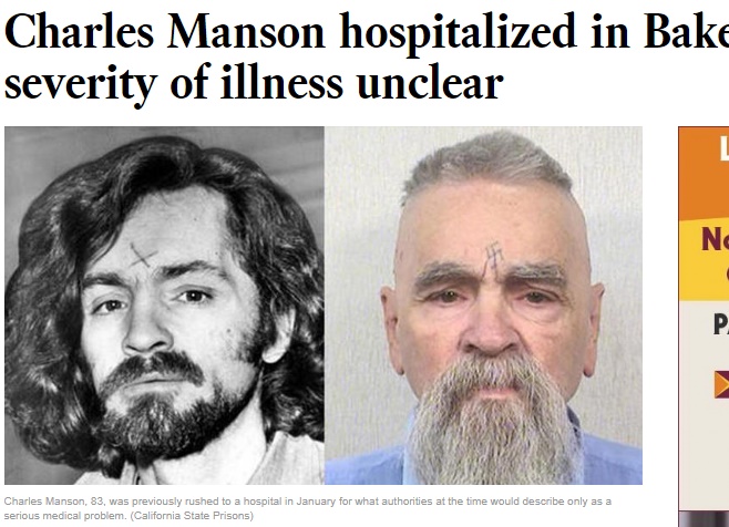 チャールズ・マンソン重病で死期は間近か（画像は『Los Angeles Times　2017年11月15日付「Charles Manson hospitalized in Bakersfield； severity of illness unclear」（California State Prisons）』のスクリーンショット）