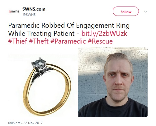 盗難に遭った救命救急士のパートナー「指輪を返して」と怒り（画像は『SWNS.com　2017年11月22日付Twitter「Paramedic Robbed Of Engagement Ring While Treating Patient」』のスクリーンショット）