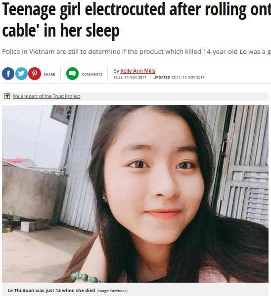 感電死した14歳少女（画像は『Mirror　2017年11月16日付「Teenage girl electrocuted after rolling onto broken ‘iPhone cable’ in her sleep」（Image: Facebook）』のスクリーンショット）