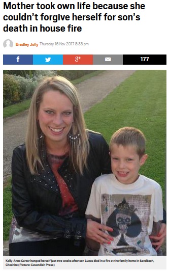 焼死した息子に母親は悲しみのあまり…（画像は『Metro　2017年11月16日付「Mother took own life because she couldn’t forgive herself for son’s death in house fire」（Picture: Cavendish Press）』のスクリーンショット）