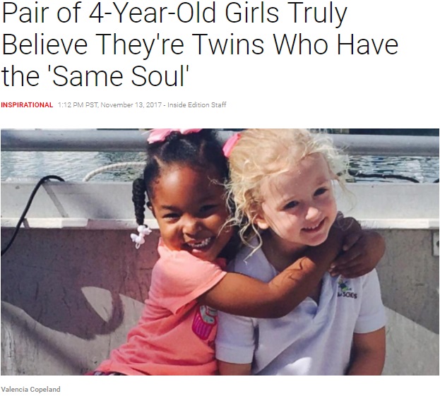 「肌の色が違うのに」と言われても「双子」を主張する2人（画像は『Inside Edition　2017年11月13日付「Pair of 4-Year-Old Girls Truly Believe They’re Twins Who Have the ‘Same Soul’」』のスクリーンショット）