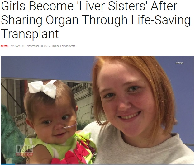 ドナーの肝臓をシェアした2人に特別な絆が育まれる（画像は『Inside Edition　2017年11月26日付「Girls Become ‘Liver Sisters’ After Sharing Organ Through Life-Saving Transplant」』のスクリーンショット）