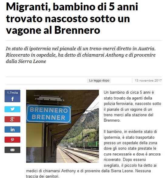 貨物列車の下に5歳少年の姿が（画像は『La Repubblica　2017年11月13日付「Migranti, bambino di 5 anni trovato nascosto sotto un vagone al Brennero」』のスクリーンショット）