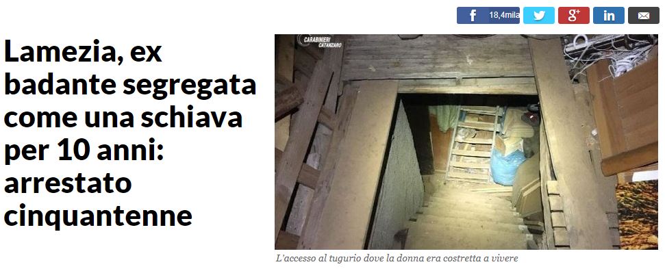 監禁されていたゴミ屋敷の地下室（画像は『La Repubblica.it　2017年11月22日付「Lamezia, ex badante segregata come una schiava per 10 anni: arrestato cinquantenne」』のスクリーンショット）