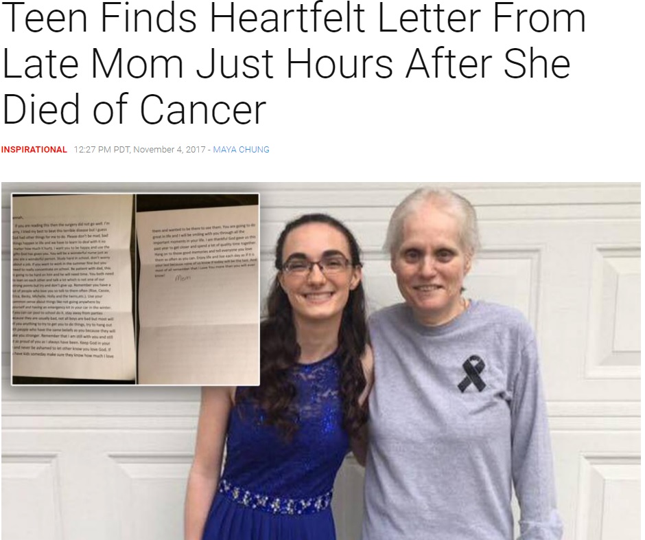 がんと闘っていた頃の女性とその娘（画像は『Inside Edition　2017年11月4日付 Teen Finds Heartfelt Letter From Late Mom Just Hours After She Died of Cancer（Hannah Summers）』のスクリーンショット）