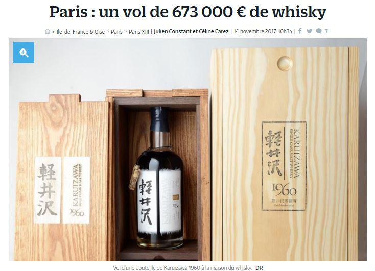 日本産の超高級ウイスキーも被害に（画像は『Le Parisien　2017年11月14日付「Paris : un vol de 673 000 € de whisky」』のスクリーンショット）