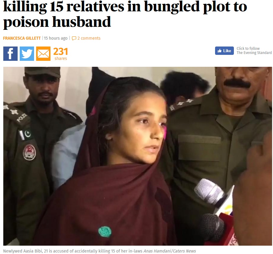 夫を毒殺しようとした女（画像は『London Evening Standard　2017年11月1日付「Young bride in Pakistan accused of killing 15 relatives in bungled plot to poison husband」（Anas Hamdani/Caters News）』のスクリーンショット）