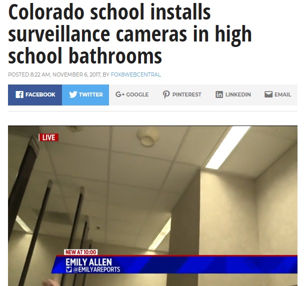 高校のトイレに監視カメラは必要か（画像は『Fox 8　2017年11月6日付「Colorado school installs surveillance cameras in high school bathrooms」』のスクリーンショット）