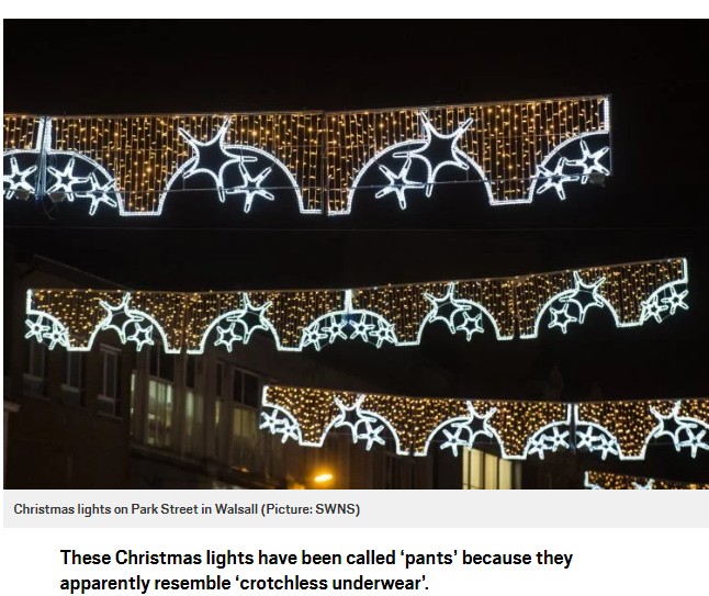 イルミネーションに「金のパンツを干したよう」と苦情が（画像は『Metro　2017年12月8日付「Christmas lights in city centre ‘look like crotchless panties hanging on washing line’」（Picture: SWNS）』のスクリーンショット）