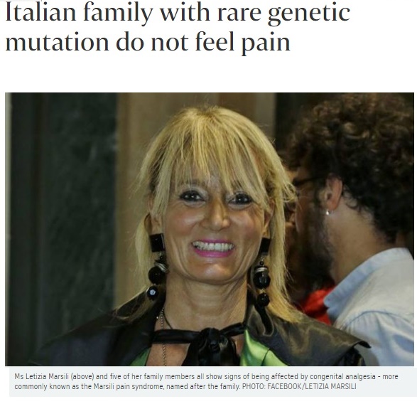 痛みを知らない「マルシリ症候群」の女性（画像は『The Straits Times　2017年12月17日付「Italian family with rare genetic mutation do not feel pain」（PHOTO: FACEBOOK/LETIZIA MARSILI）』のスクリーンショット）