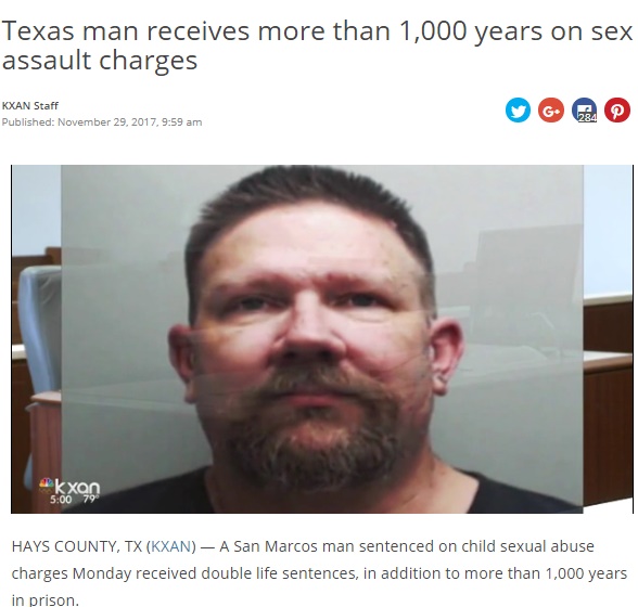 幼い養女にみだらな行為を強要し続けた父親（画像は『NBC4i.com　2017年11月29日付「Texas man receives more than 1,000 years on sex assault charges」』のスクリーンショット）