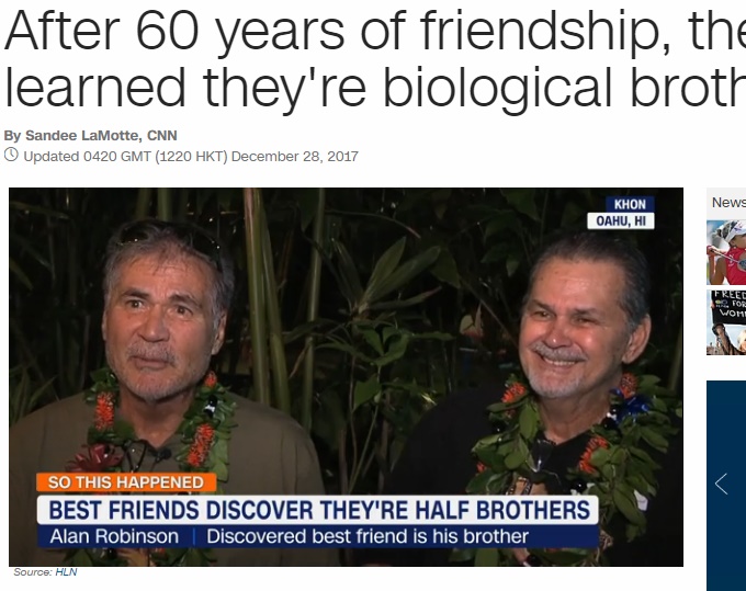 ウマが合いすぎた親友、実は兄弟だった（画像は『CNN　2017年12月28日付「After 60 years of friendship， they learned they’re biological brothers」（HLN）』のスクリーンショット）