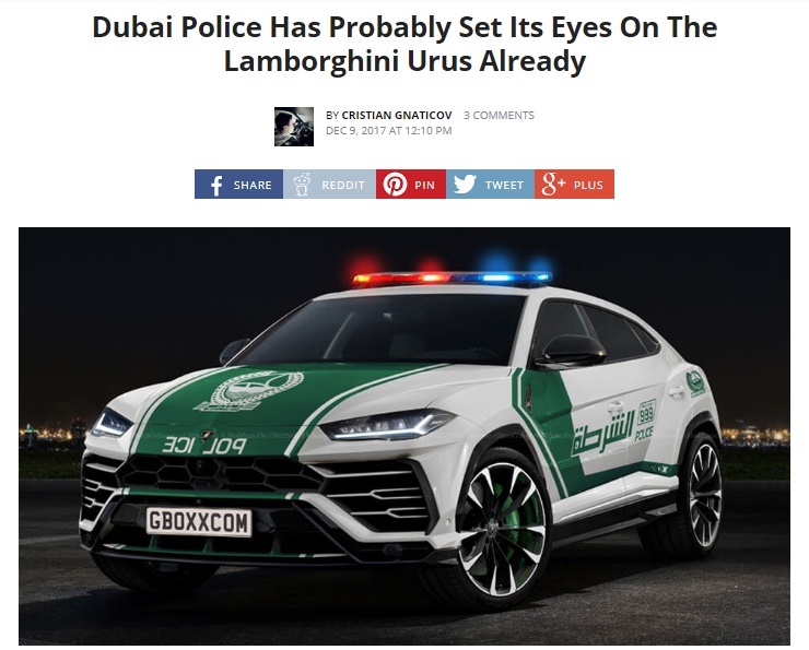 ドバイ警察、ランボルギーニ・ウルスに着目（画像は『carscoops.com　2017年12月9日付「Dubai Police Has Probably Set Its Eyes On The Lamborghini Urus Already」』のスクリーンショット）