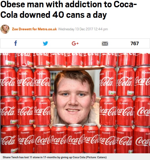 1年5か月で70kg減量した男性（画像は『Metro 2017年12月13日付「Obese man with addiction to Coca-Cola downed 40 cans a day」（Picture: Caters）』のスクリーンショット）