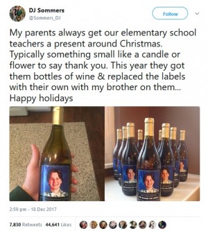 【海外発！Breaking News】息子の写真をラベルにしたワイン　両親が教師らにプレゼント（米）