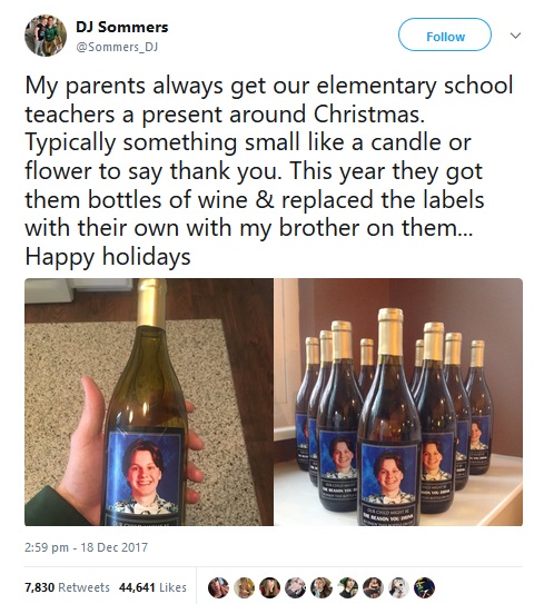 息子の写真をラベルにして教師にプレゼント（画像は『DJ Sommers　2017年12月18日付Twitter「My parents always get our elementary school teachers a present around Christmas.」』のスクリーンショット）
