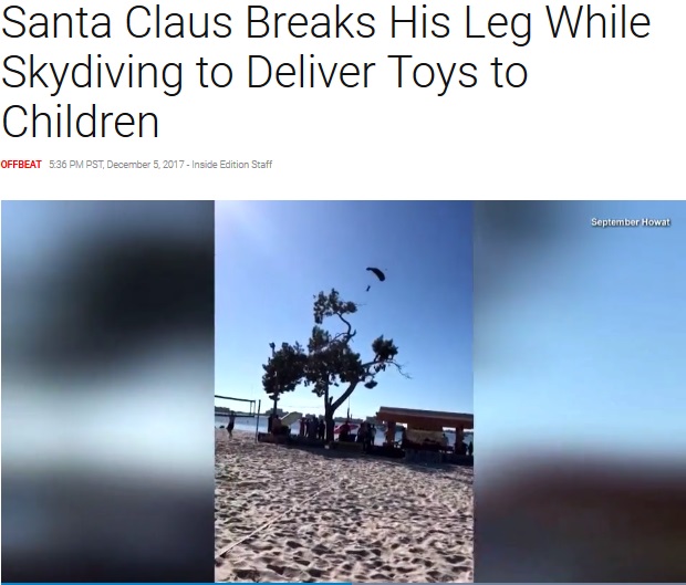 サンタ、スカイダイビングで少女にプレゼントを届けようとするも…（画像は『Inside Edition　2017年12月5日付「Santa Claus Breaks His Leg While Skydiving to Deliver Toys to Children」』のスクリーンショット）