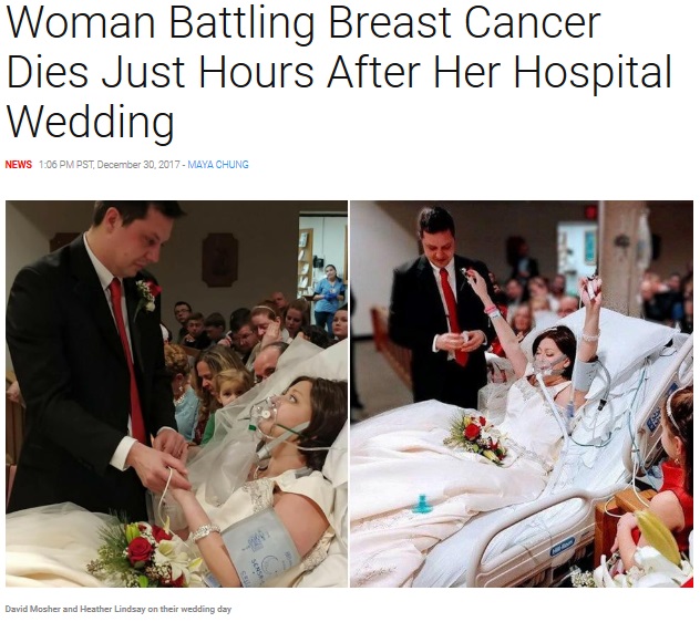 がんに侵されるも愛する人との挙式を叶えた女性（画像は『Inside Edition　2017年12月30日付「Woman Battling Breast Cancer Dies Just Hours After Her Hospital Wedding」（Photo Credit: Christina Karas）』のスクリーンショット）