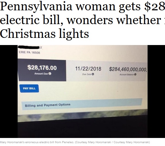 あまりの請求金額に女性は…（画像は『Chicago Tribune　2017年12月26日付「Pennsylvania woman gets ＄284 billion electric bill， wonders whether it’s her Christmas lights」（Mary Horomanski）』のスクリーンショット）