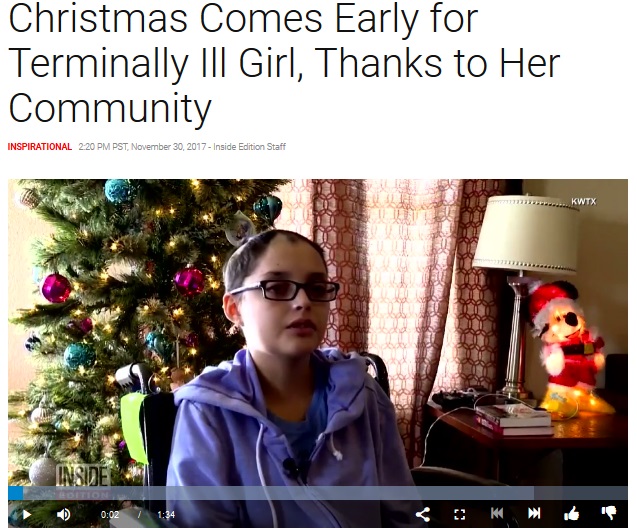 「みなさん、ありがとう」感謝の言葉を述べた少女（画像は『Inside Edition　2017年11月30日付「Christmas Comes Early for Terminally Ill Girl, Thanks to Her Community」』のスクリーンショット）