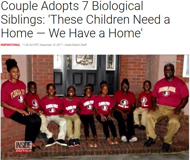 7人きょうだいを養子に迎え入れた夫婦（画像は『Inside Edition　2017年12月19日付「Couple Adopts 7 Biological Siblings: ‘These Children Need a Home — We Have a Home’」』のスクリーンショット）