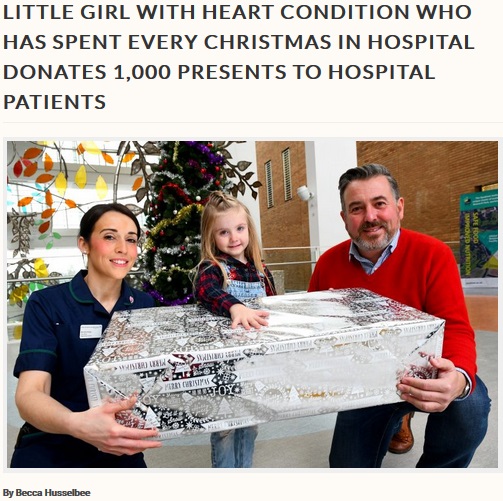 今年はサンタになって入院患者にプレゼントを届けるリリーちゃん（画像は『Storytrender　2017年12月19日付「LITTLE GIRL WITH HEART CONDITION WHO HAS SPENT EVERY CHRISTMAS IN HOSPITAL DONATES 1，000 PRESENTS TO HOSPITAL PATIENTS」（Becca Husselbee）』のスクリーンショット）