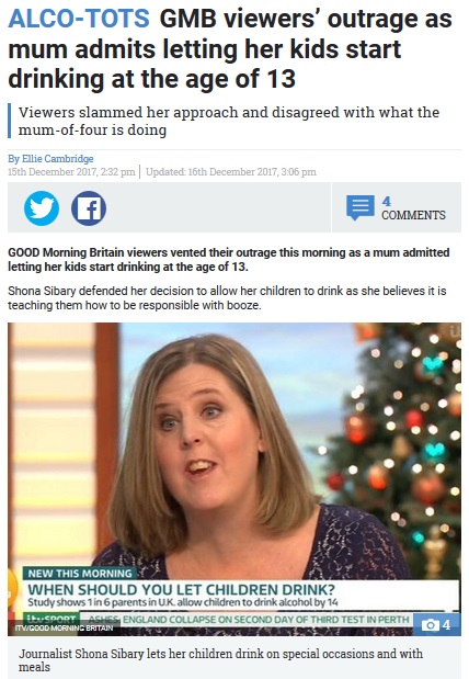 食事中、13歳の我が子に飲酒を許可する母親（画像は『The Sun　2017年12月16日付「ALCO-TOTS GMB viewers’ outrage as mum admits letting her kids start drinking at the age of 13」（IMAGE: ITV/GOOD MORNING BRITAIN）』のスクリーンショット）