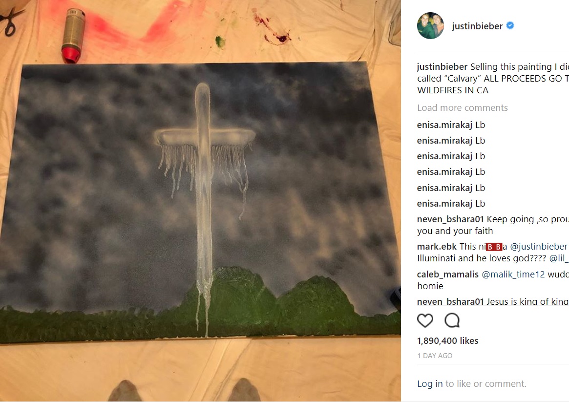 ジャスティンの作品「Calvary」（画像は『Justin Bieber　2017年12月29日付Instagram「Selling this painting I did called “Calvary” ALL PROCEEDS GO TO WILDFIRES IN CA」』のスクリーンショット）