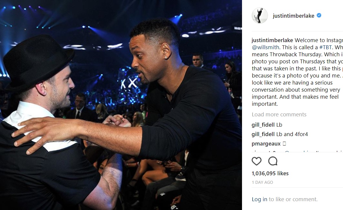 ウィルを兄のように慕うジャスティン（画像は『Justin Timberlake　2017年12月14日付Instagram「Welcome to Instagram ＠willsmith. This is called a ＃TBT.」』のスクリーンショット）