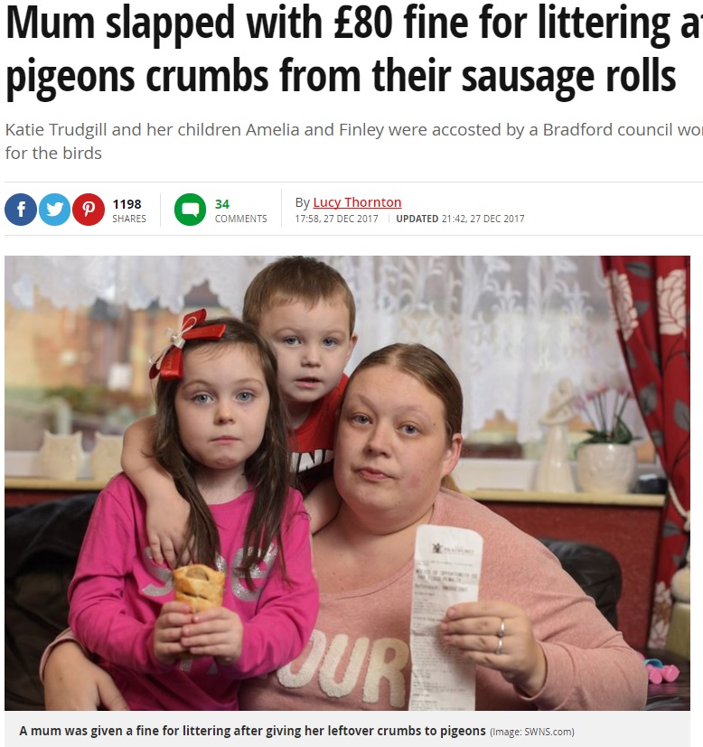「ゴミを撒き散らすな」市役所職員に非難された親子（画像は『Mirror　2017年12月27日付「Mum slapped with ￡80 fine for littering after her kids fed pigeons crumbs from their sausage rolls」（Image: SWNS.com）』のスクリーンショット）