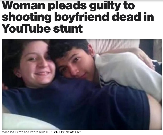 あまりにも愚かな危険動画撮影の計画（画像は『CBS News　2017年12月20日付「Woman pleads guilty to shooting boyfriend dead in YouTube stunt」（VALLEY NEWS LIVE）』のスクリーンショット）