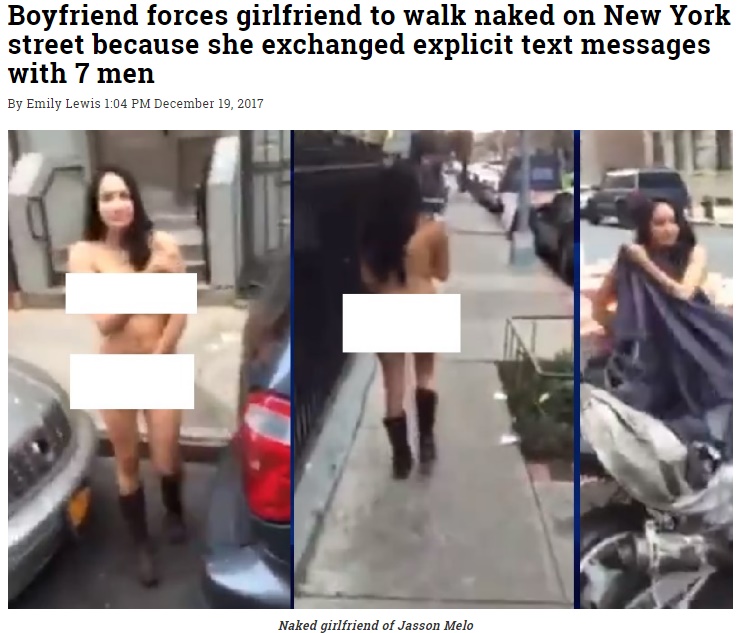 浮気の罰がまさかのストリーキング（画像は『WorldWide Weird News　2017年12月19日付「Boyfriend forces girlfriend to walk naked on New York street because she exchanged explicit text messages with 7 men」』のスクリーンショット）