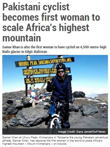 パキスタン人女性サイクリストが偉業を達成！（画像は『Gulf News　2017年12月11日付「Pakistani cyclist becomes first woman to scale Africa’s highest mountain」（Image Credit: Sana Jamal/Gulf News）』のスクリーンショット）