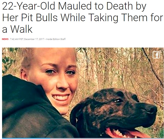 22歳の飼い主ピットブルに食い殺される（画像は『Inside Edition　2017年12月17日付「22-Year-Old Mauled to Death by Her Pit Bulls While Taking Them for a Walk」』のスクリーンショット）