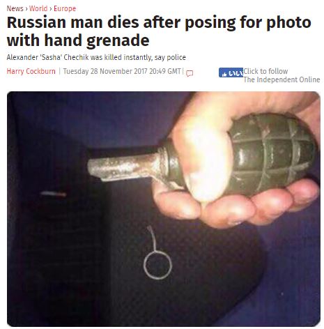 悪ふざけで命を失う羽目に（画像は『The Independent　2017年11月28日付「Russian man dies after posing for photo with hand grenade」（east2west news）』のスクリーンショット）