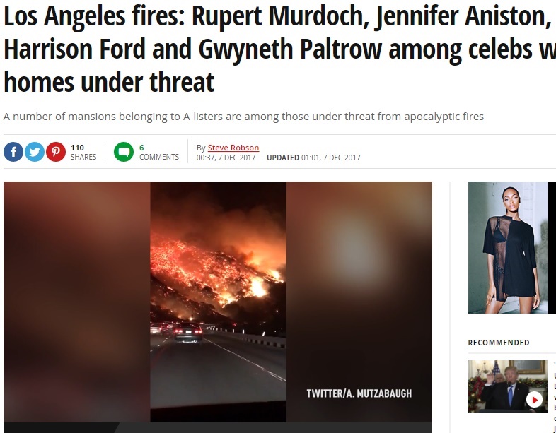 ロス大火災で大富豪も被害に（画像は『Mirror　2017年12月07日付 「Los Angeles fires: Rupert Murdoch, Jennifer Aniston, Harrison Ford and Gwyneth Paltrow among celebs with homes under threat」（Twitter/A.Mutzabaugh）』のスクリーンショット）